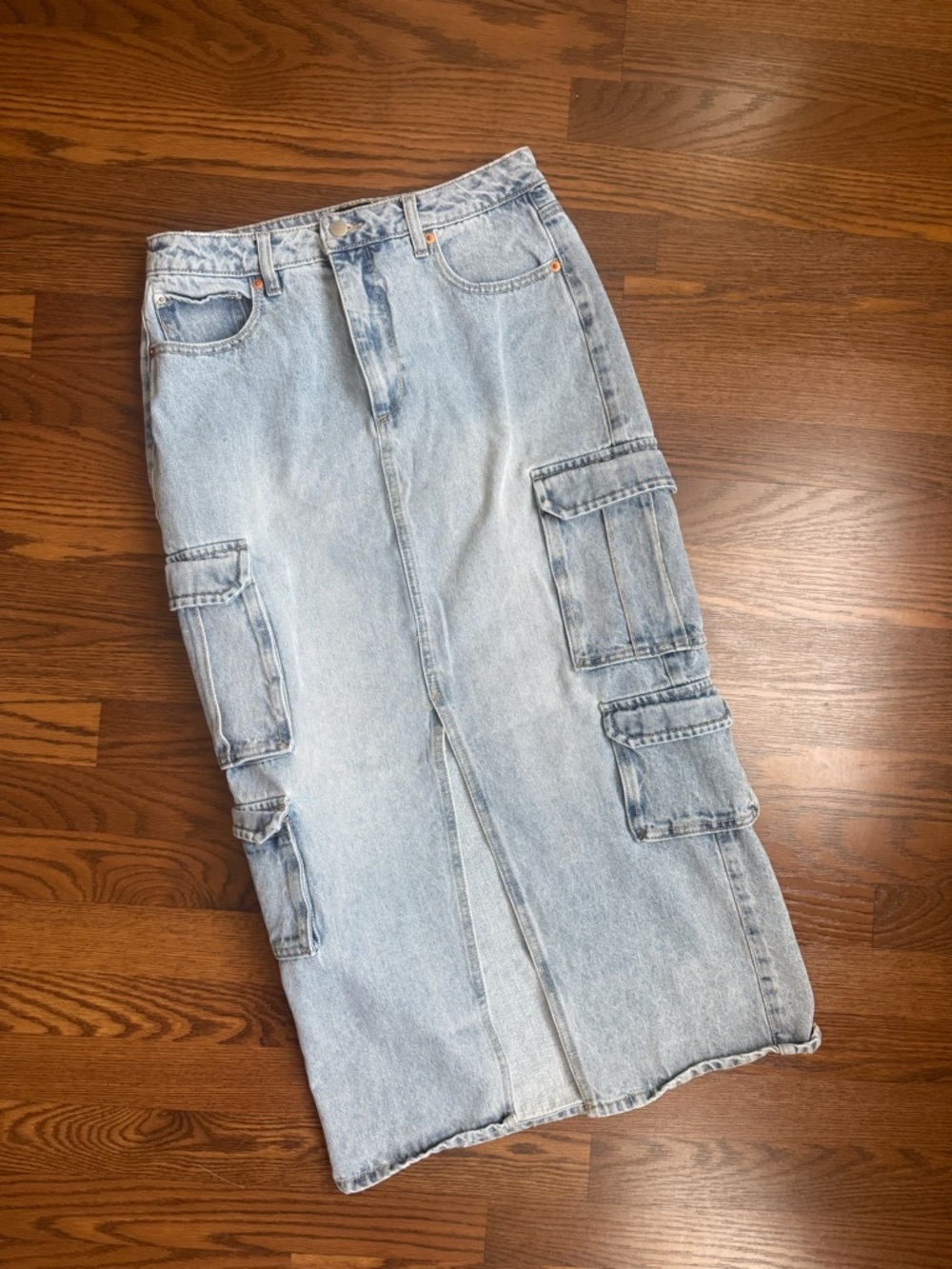 Blue Revival Cargo Denim Midi Skirt